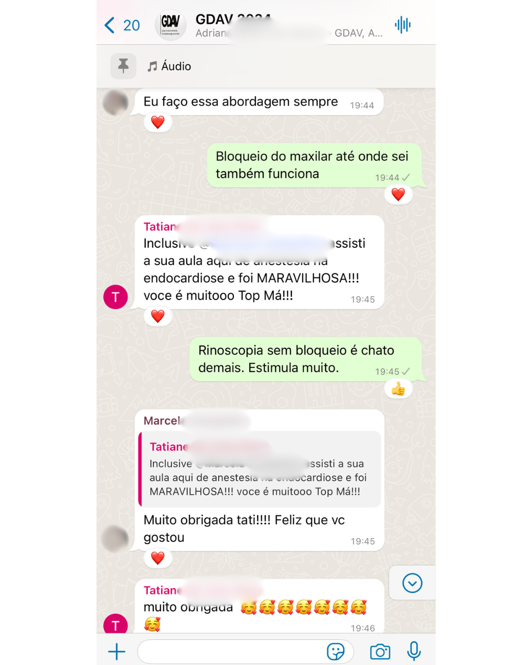 Depoimento anonimizado de aluno GDAV via WhatsApp