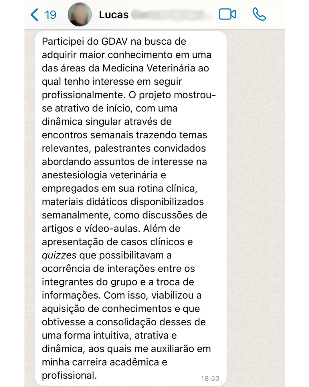 Depoimento anonimizado de aluno GDAV via WhatsApp