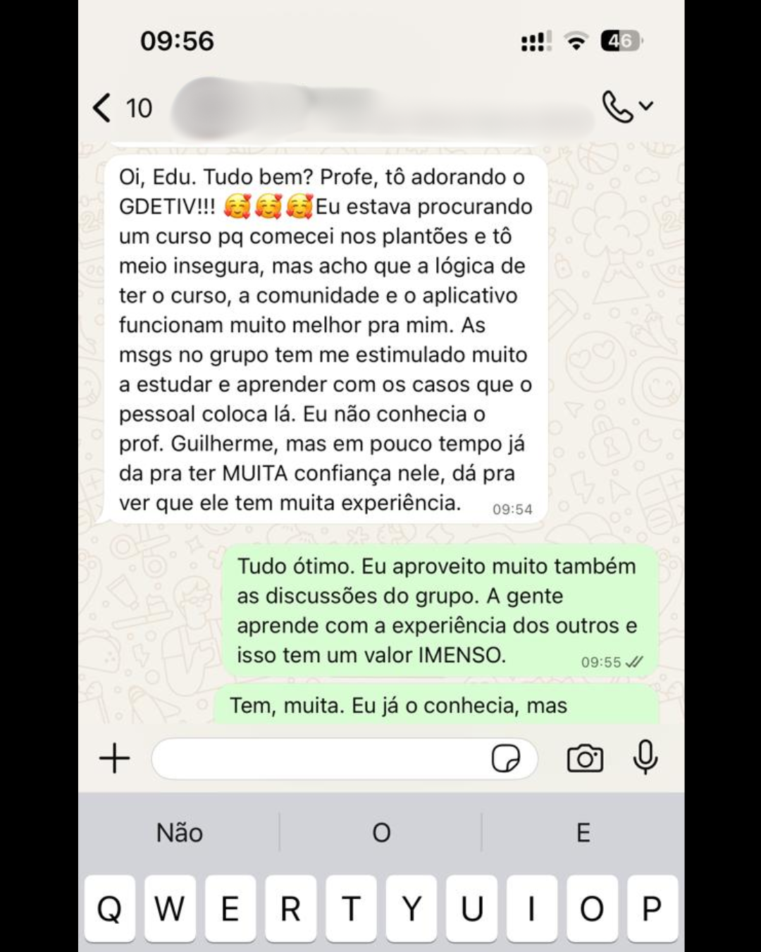 Depoimento de aluno GDETIV via WhatsApp