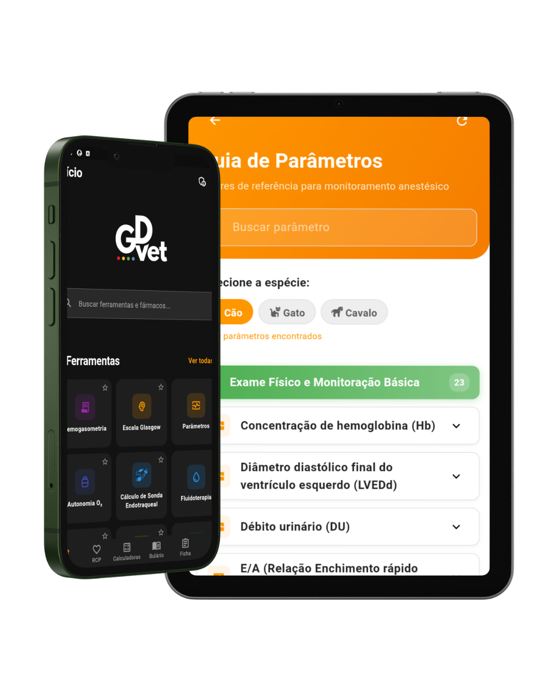 Tela inicial do app GDVet com busca de ferramentas e fármacos e guia de parâmetros de normalidade por espécie