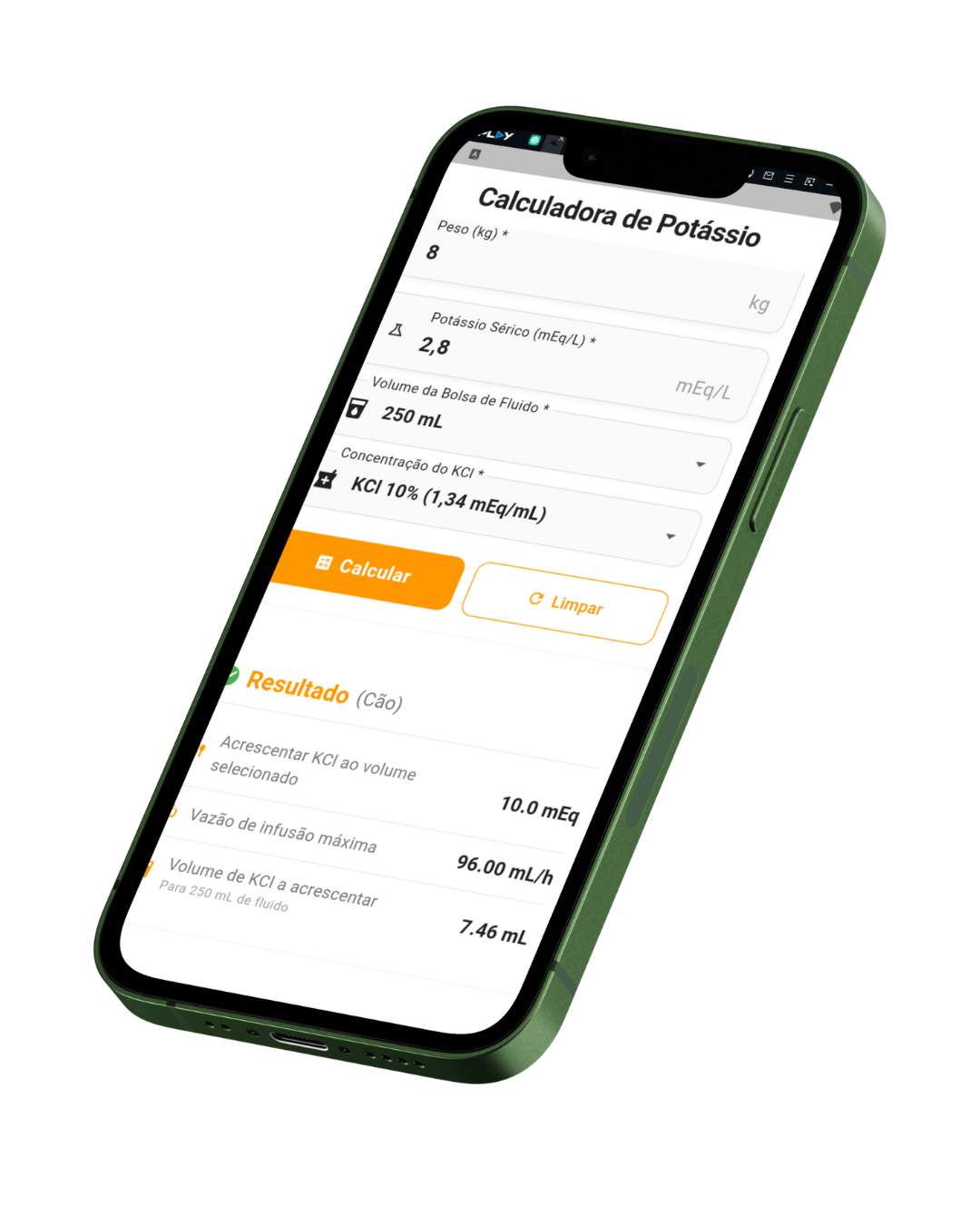 Calculadora de potássio do app GDVet: paciente de 8 kg, potássio sérico 2,8 mEq/L, KCl 10%, resultado de 7,46 mL e vazão de infusão máxima de 96 mL/h