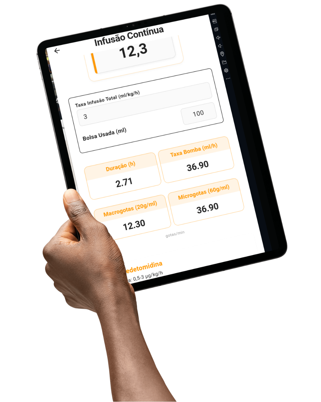 Calculadora de infusão contínua do app GDVet mostrando taxa de bomba, duração da bolsa e gotas por minuto em macro e microgotas