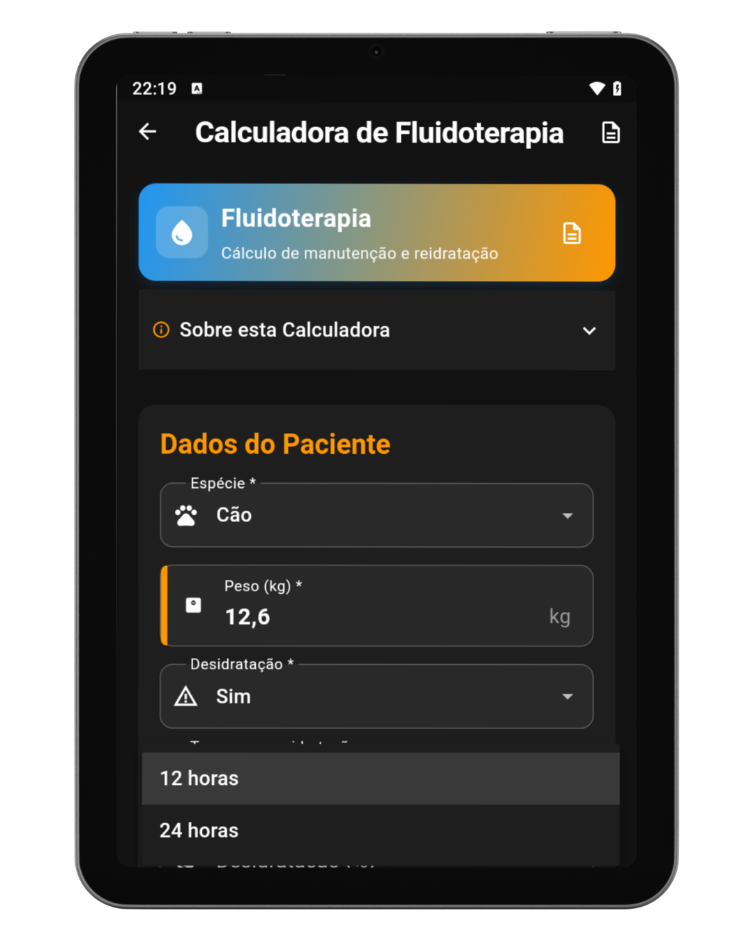 Calculadora de fluidoterapia do app GDVet com seleção de espécie, peso, desidratação e tempo de reidratação