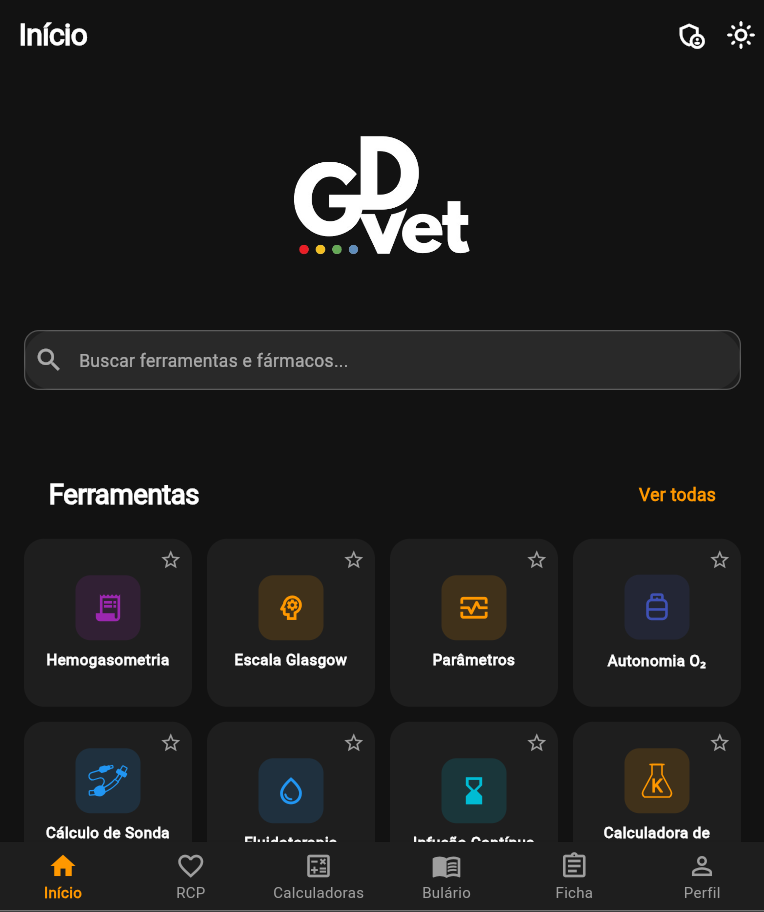 Tela inicial do app GDVet com grade de ferramentas (Hemogasometria, Escala Glasgow, Parâmetros, Autonomia O₂, Fluidoterapia, Infusão contínua)