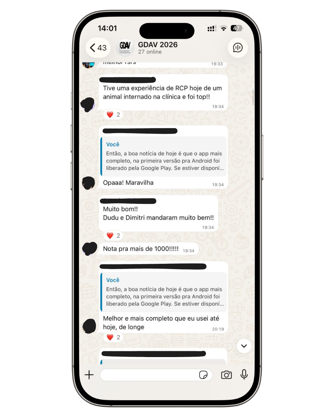 Depoimento de usuário do app GDVet via WhatsApp