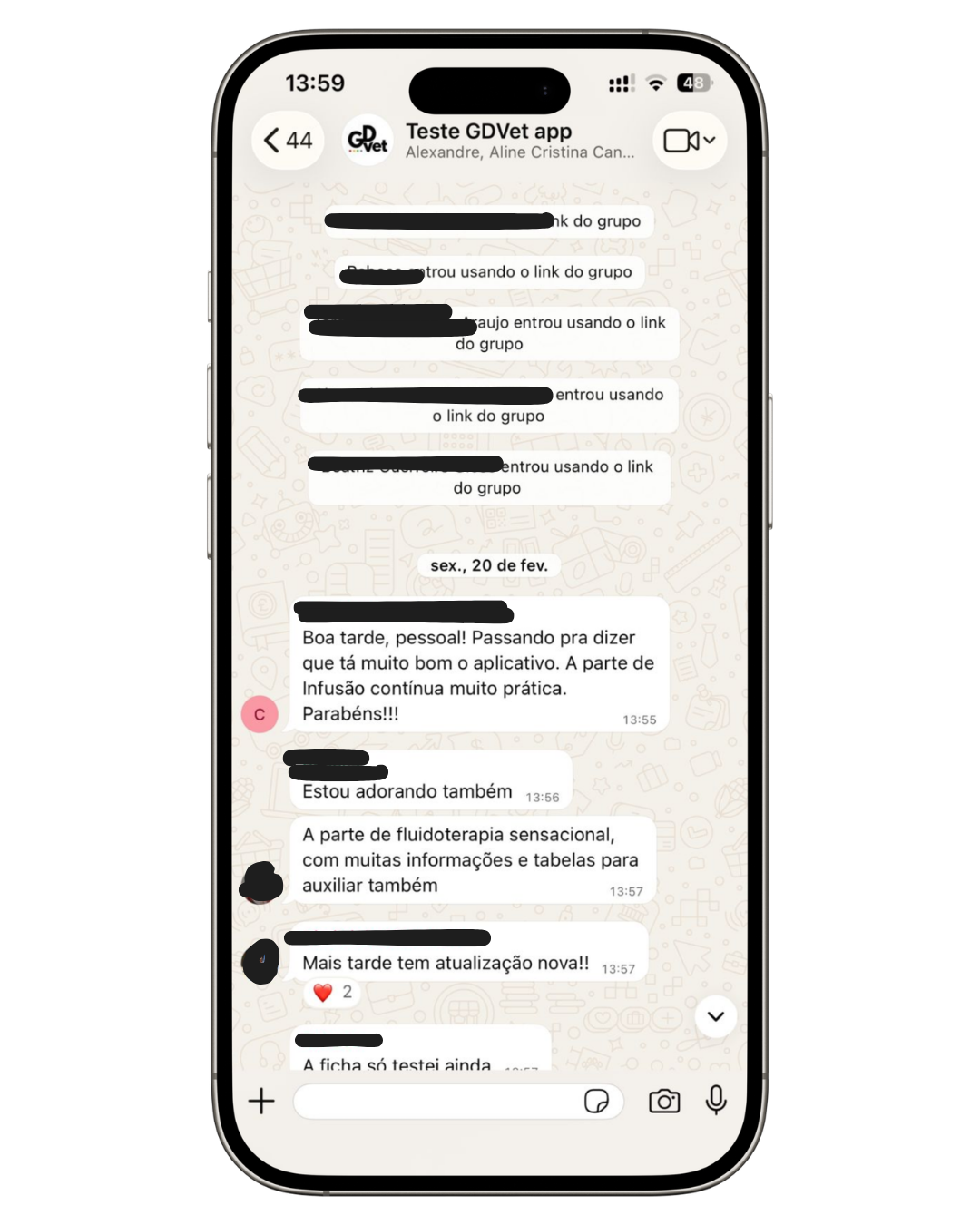 Depoimento de usuário do app GDVet via WhatsApp
