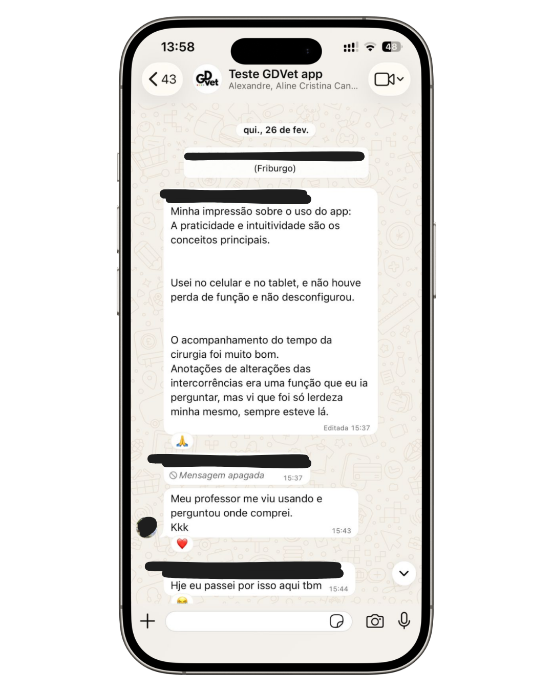 Depoimento de usuário do app GDVet via WhatsApp