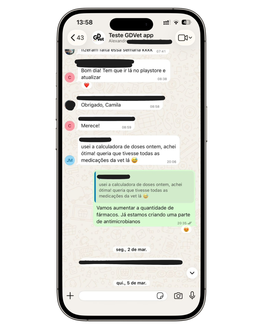 Depoimento de usuário do app GDVet via WhatsApp