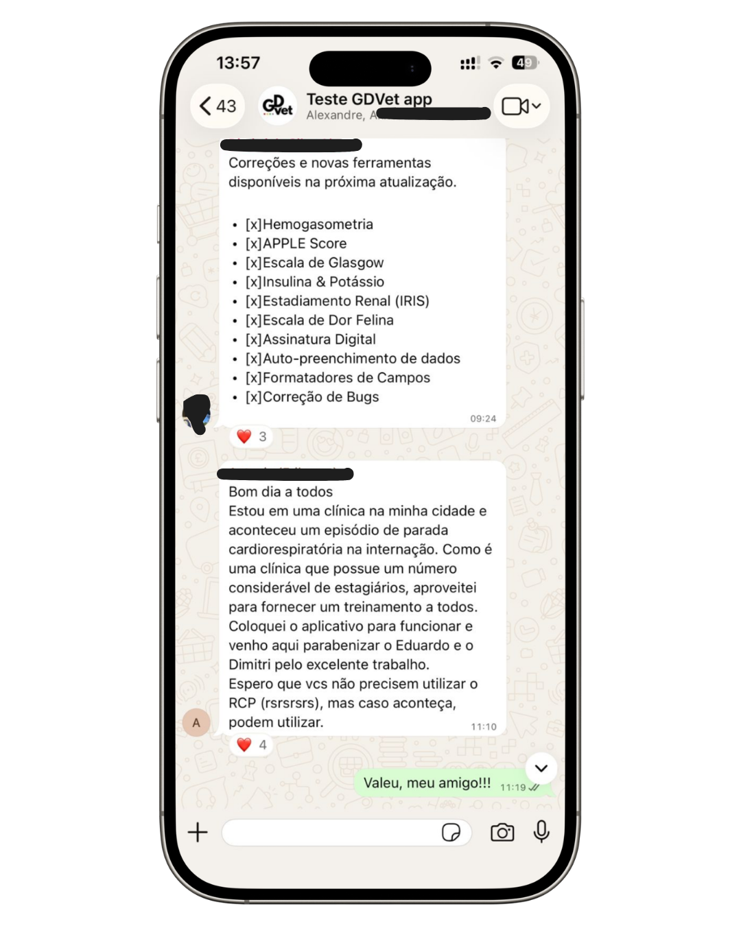 Depoimento de usuário do app GDVet via WhatsApp